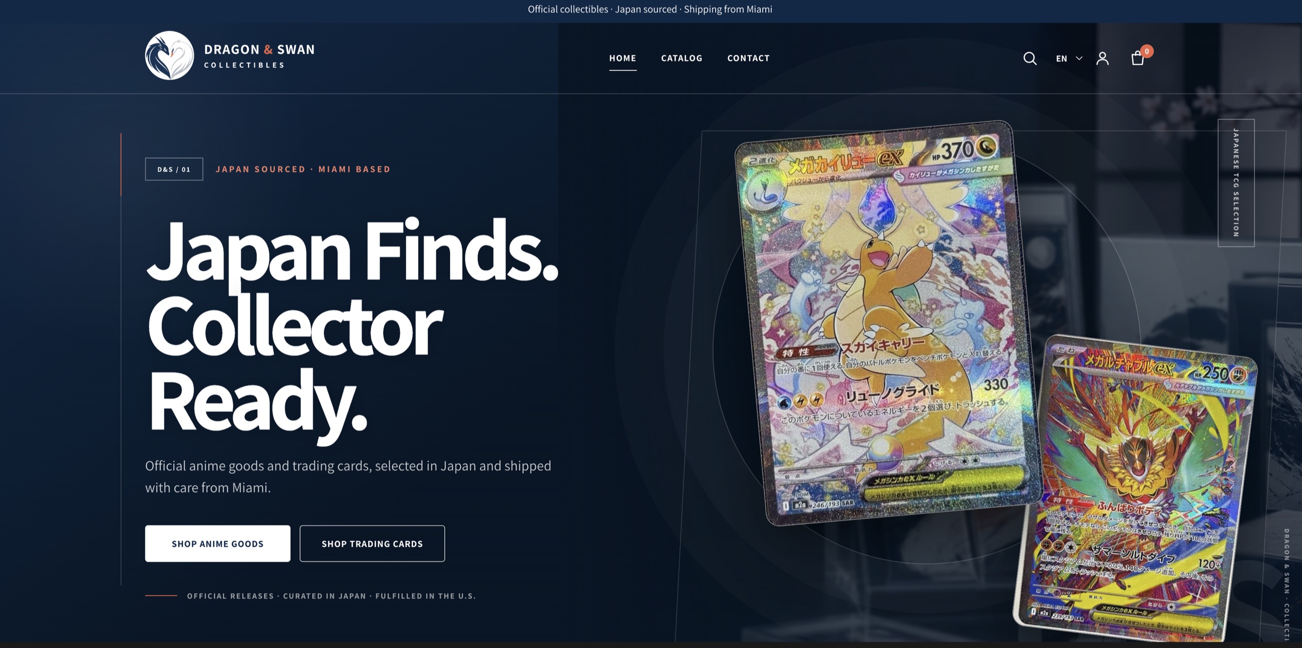 Dragon and Swan Shopify homepage with logo, Japan Finds headline, and Japanese Pokémon trading cards