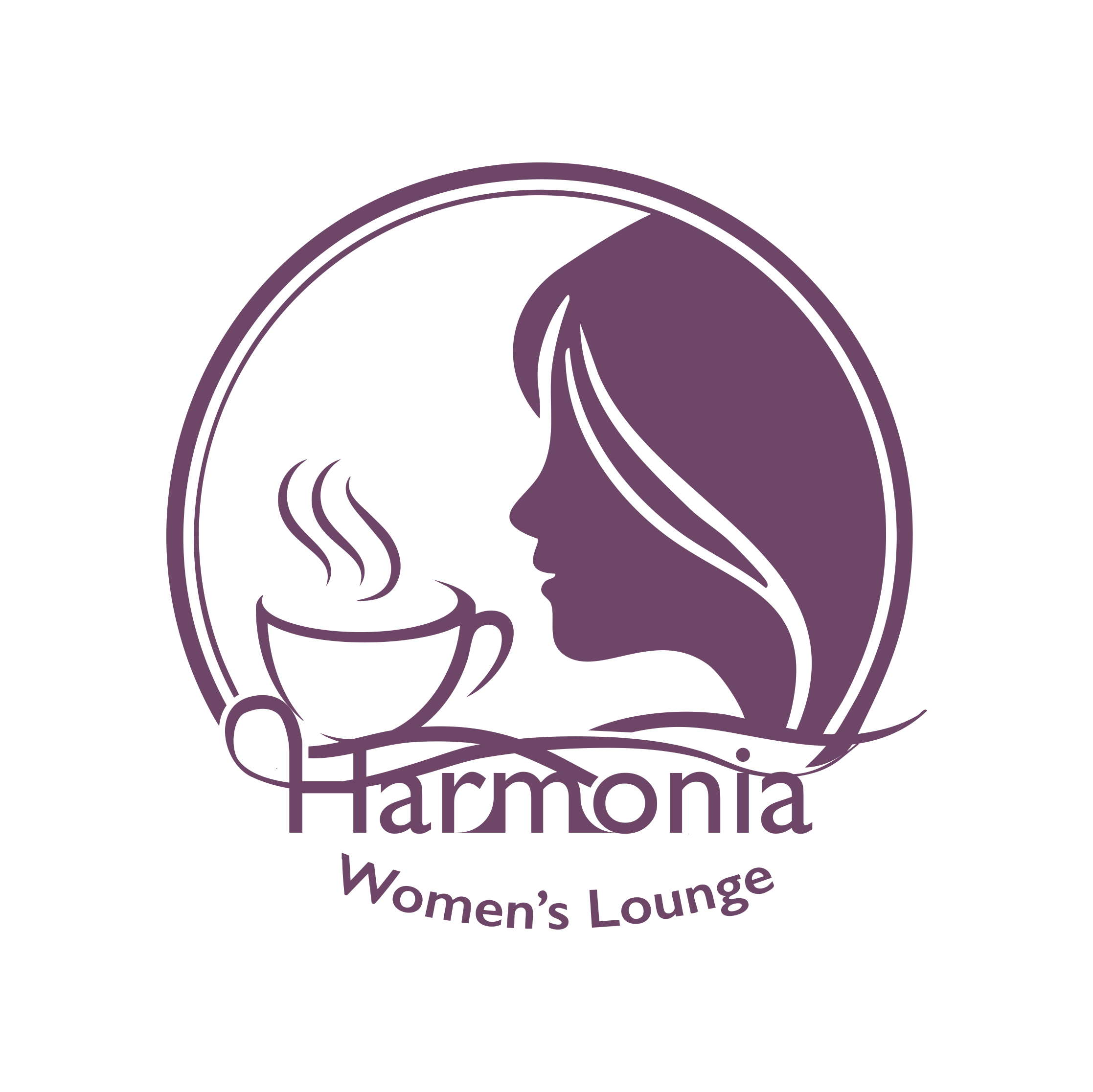 Harmonia Women's Lounge purple logo with profile and coffee cup