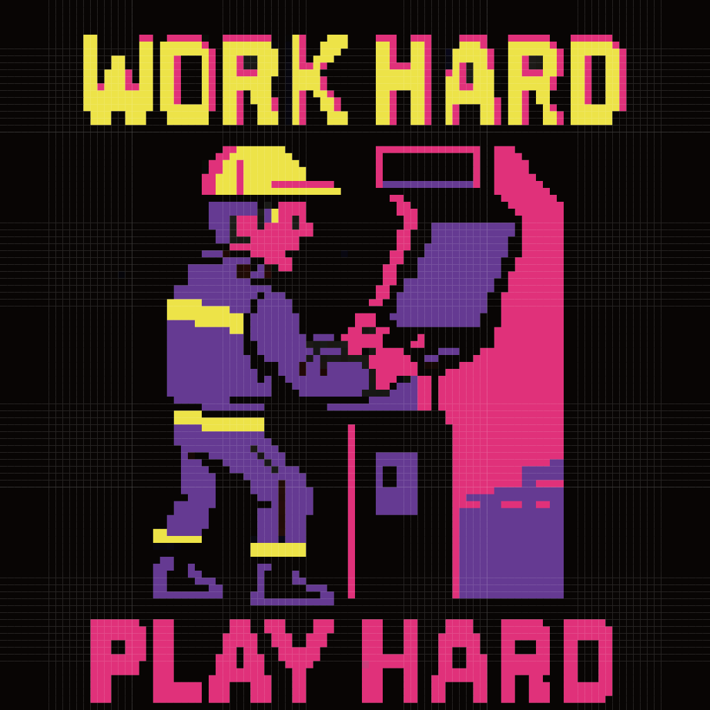 Work Hard pixel art T-shirt graphic with worker character and bold text
